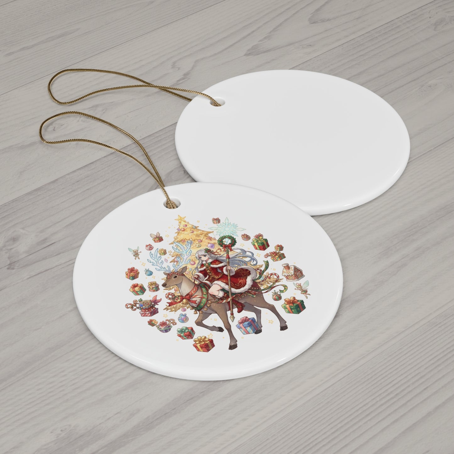 Cute Reindeer & Santa Girl Ceramic Ornament