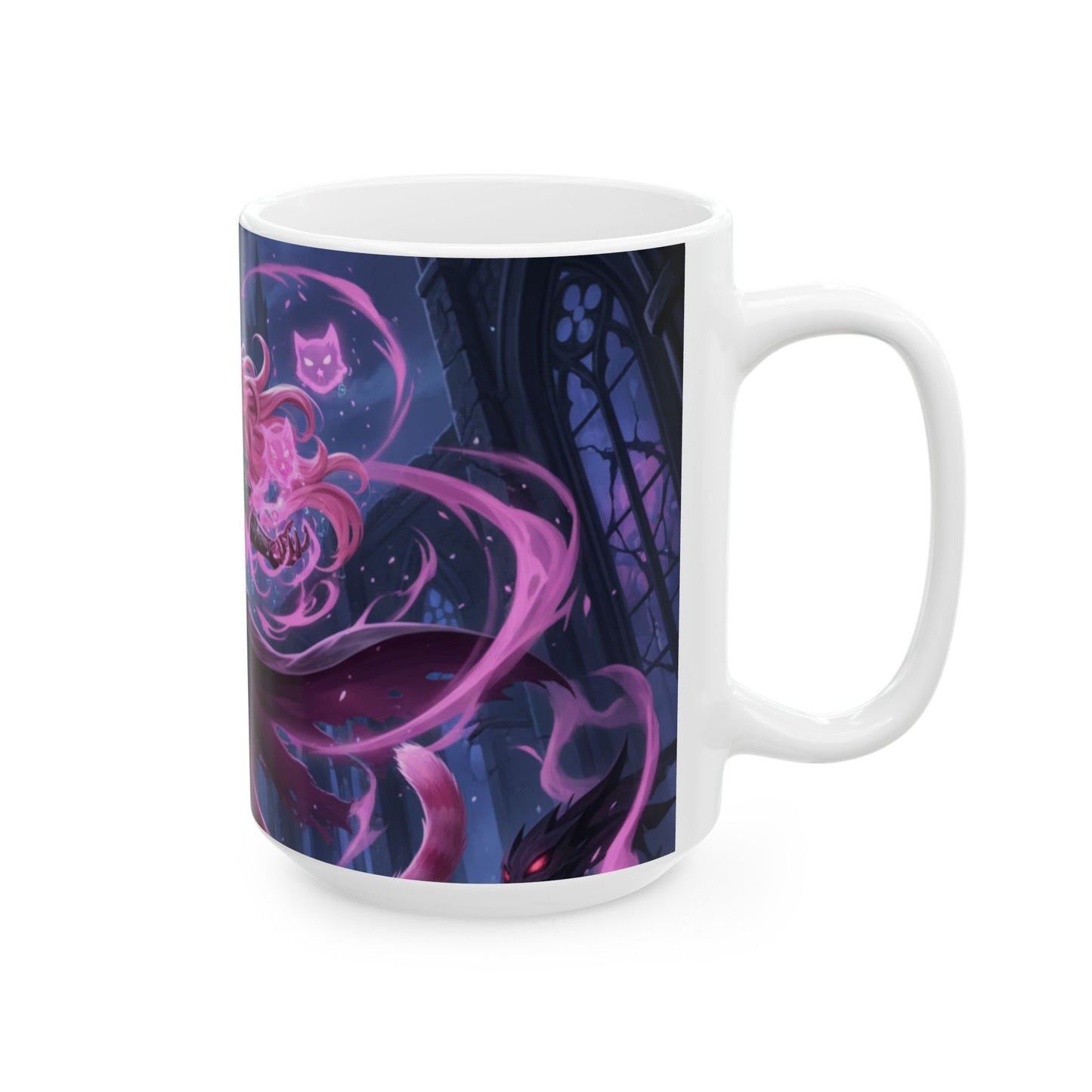 Pink Fox Mage Ceramic Mug — Fantasy Catgirl Sorceress Coffee Cup (11oz/15oz)