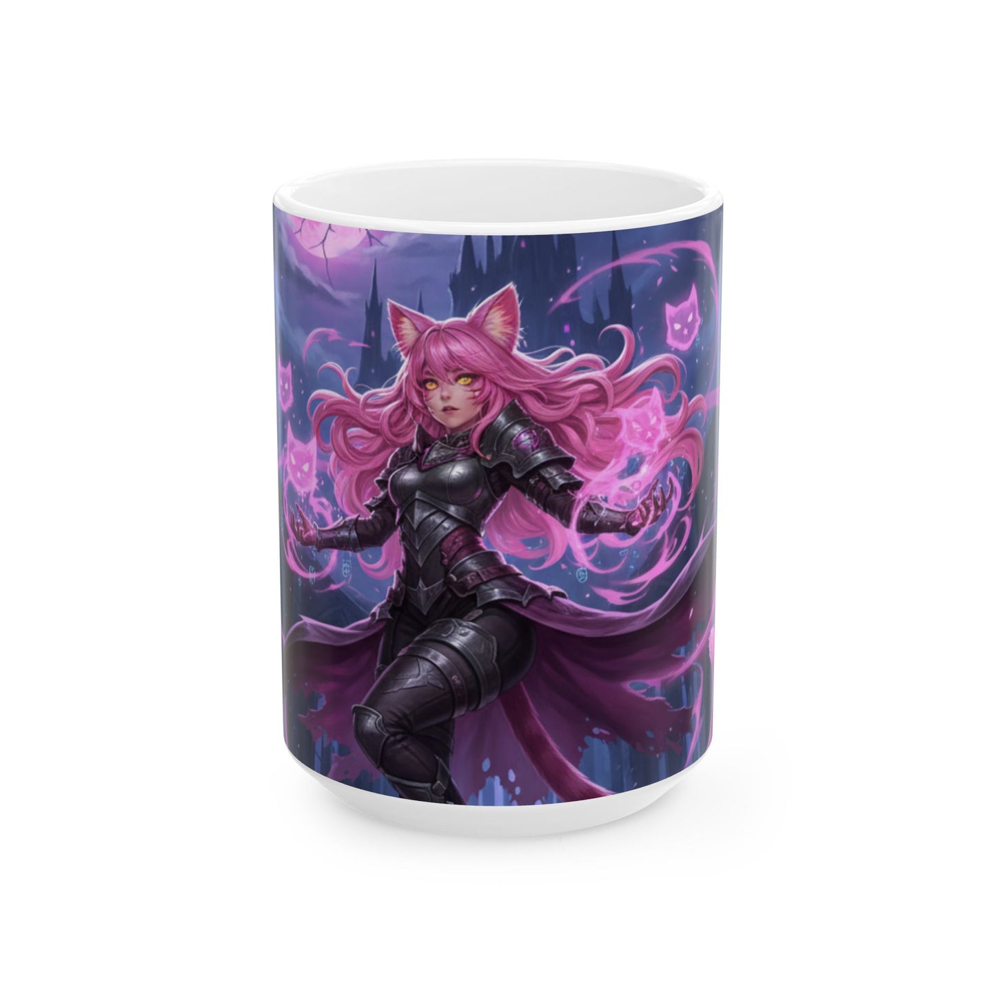 Pink Fox Mage Ceramic Mug — Fantasy Catgirl Sorceress Coffee Cup (11oz/15oz)