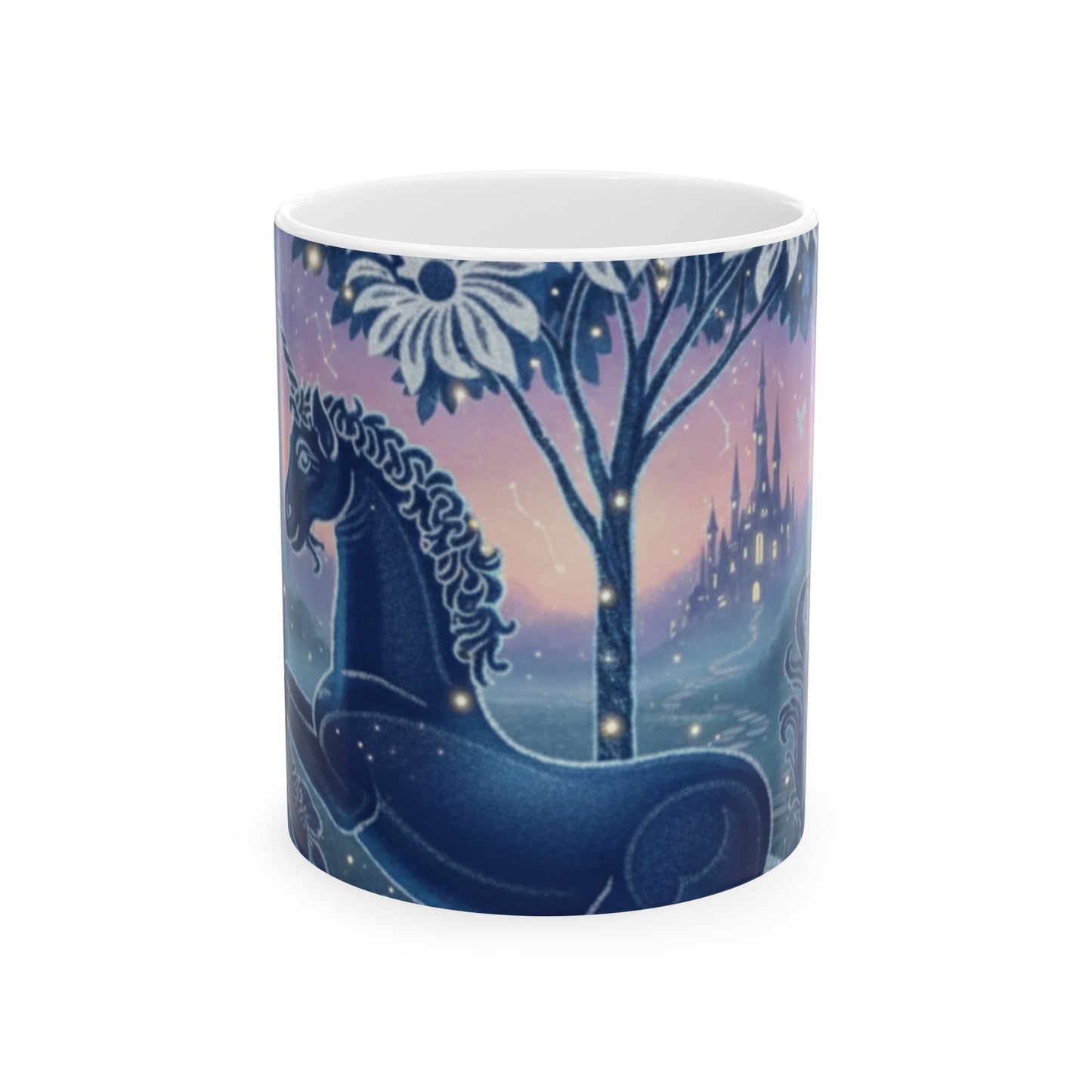 Magical Night Unicorn Ceramic Mug — Fantasy Castle & Starry Tree Coffee Cup (11oz/15oz)