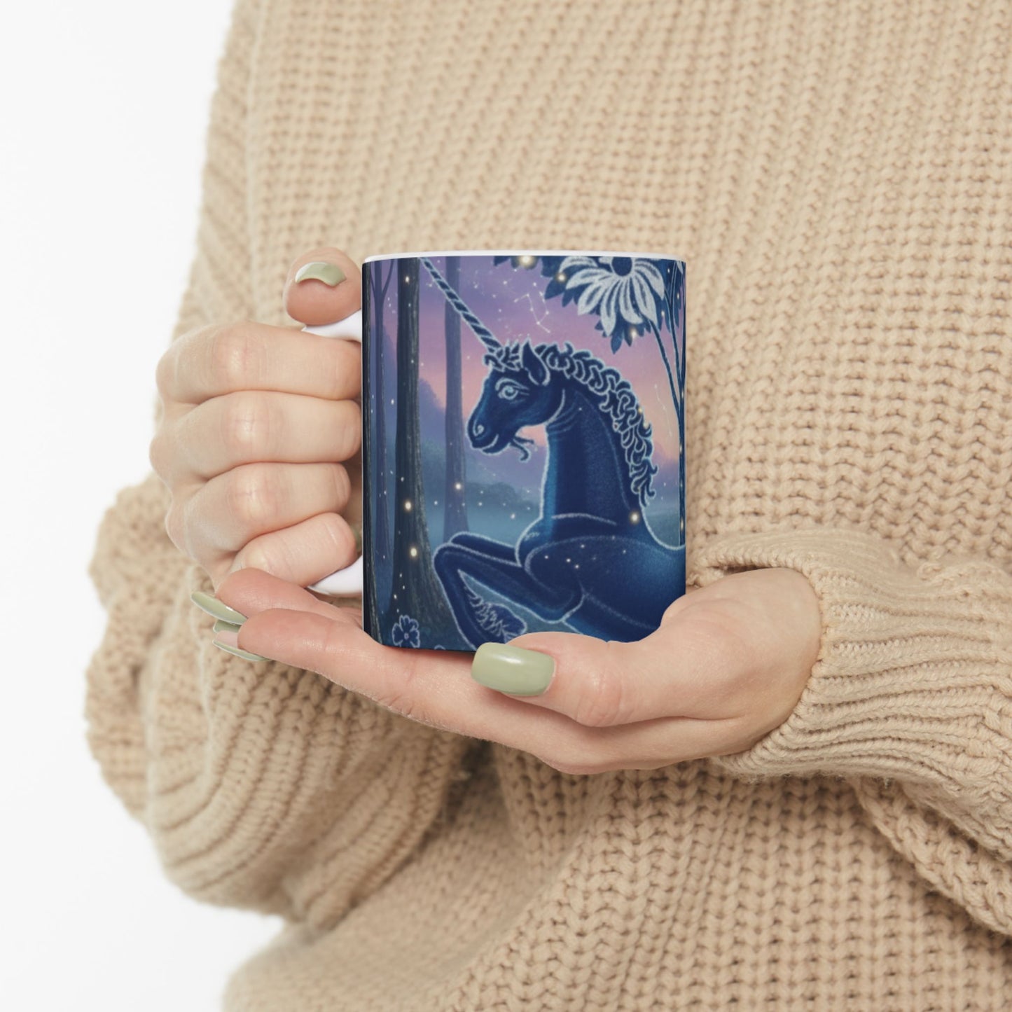 Magical Night Unicorn Ceramic Mug — Fantasy Castle & Starry Tree Coffee Cup (11oz/15oz)