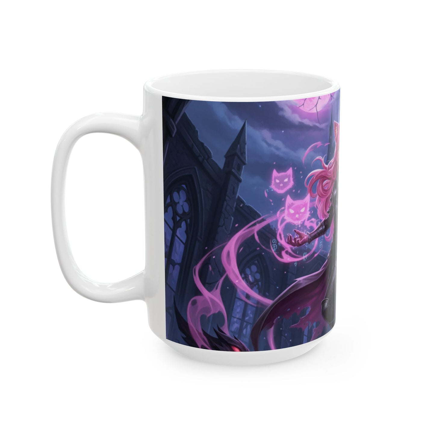 Pink Fox Mage Ceramic Mug — Fantasy Catgirl Sorceress Coffee Cup (11oz/15oz)