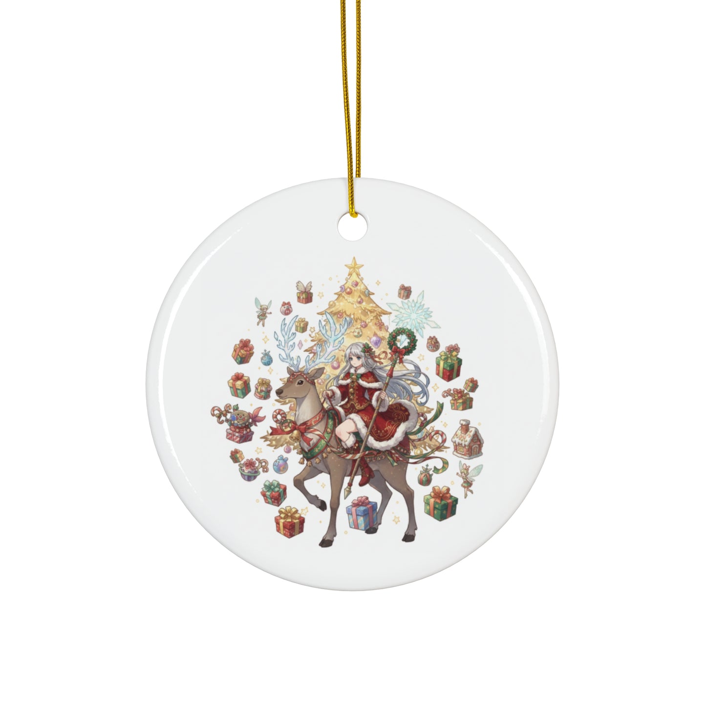 Cute Reindeer & Santa Girl Ceramic Ornament